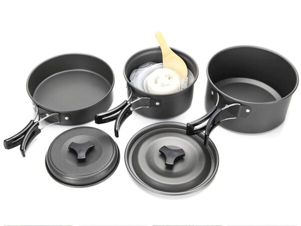 Camping Cookware Set Outdoor Portable Oxidized Aluminum Alloy Camping Fishing Picnic Barbecue Cooking Set Backpacking Pans Pot Mess Kit Cooking Equipment Cookset Tableware (Black, 3 Person)