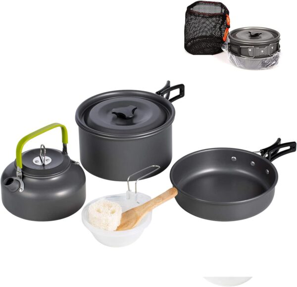 Outdoor Aluminum Camping Cookware Mess Kit,Folding Cookset Camping Teapot and Pan,Non-Stick Lightweight Pots, Pans with Mesh Storage Bag for Camping, Backpacking, Outdoor Cooking and Picnic