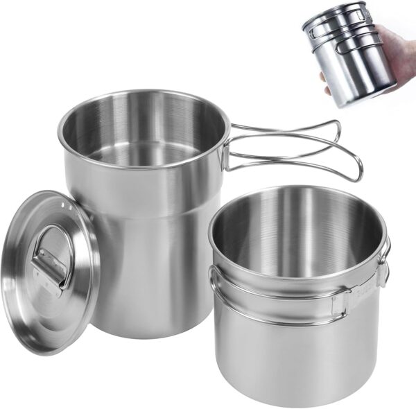 2Pcs Foldable Camping Cups and Mugs Pot 304-Food-Grade Stainless Steel Outdoor-cookware-Set with Vented lid