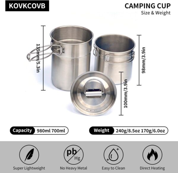 2Pcs Foldable Camping Cups and Mugs Pot 304-Food-Grade Stainless Steel Outdoor-cookware-Set with Vented lid - Image 2
