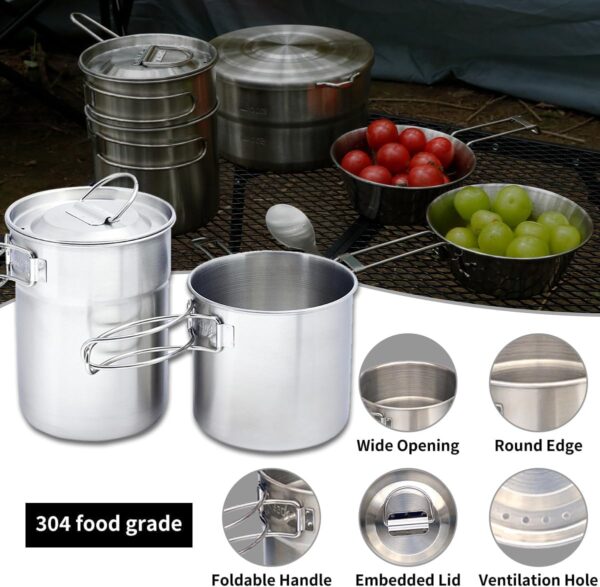 2Pcs Foldable Camping Cups and Mugs Pot 304-Food-Grade Stainless Steel Outdoor-cookware-Set with Vented lid - Image 3