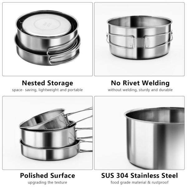 18/8 Stainless Steel Camping Cook Pot Set of 4 pcs, Camping Messware Kit - Image 2