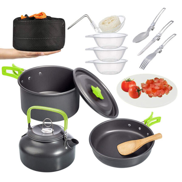 Outdoor Aluminum Camping Cookware Mess Kit,Folding Cookset Camping Teapot and Pan,Non-Stick Lightweight Pots, Pans with Mesh Storage Bag for Camping, Backpacking, Outdoor Cooking and Picnic - Image 2