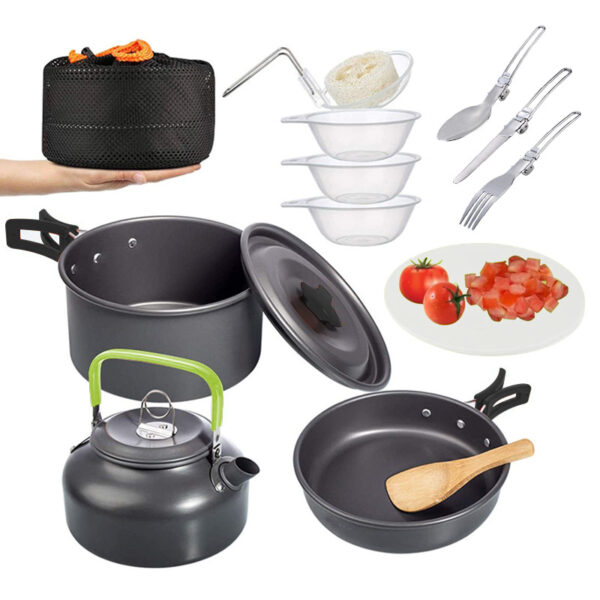 Outdoor Aluminum Camping Cookware Mess Kit,Folding Cookset Camping Teapot and Pan,Non-Stick Lightweight Pots, Pans with Mesh Storage Bag for Camping, Backpacking, Outdoor Cooking and Picnic - Image 3