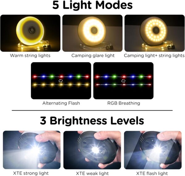 Camping String Lights, 4 in 1 Quick Storage 32.8FT Rechargeable Tent Lights String with 8 Lighting Modes, Hanging Waterproof Portable LED Lamp for Outdoor Patio Awning Garden Party Essentials - Image 3